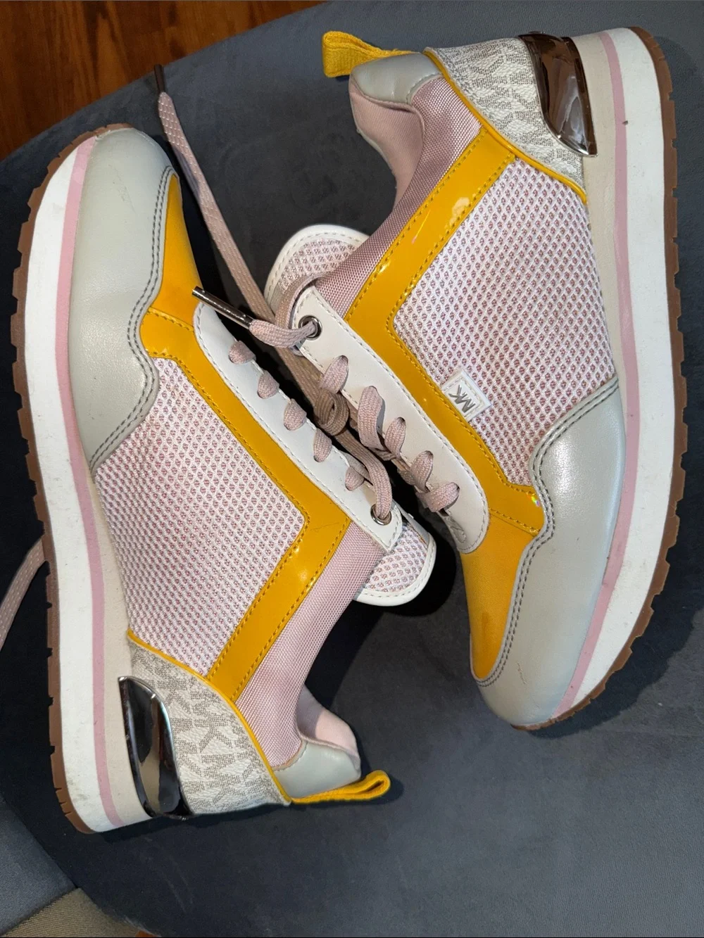 Michael Kors Yellow and Blush Pink Mixed-Media Sneakers 7.5